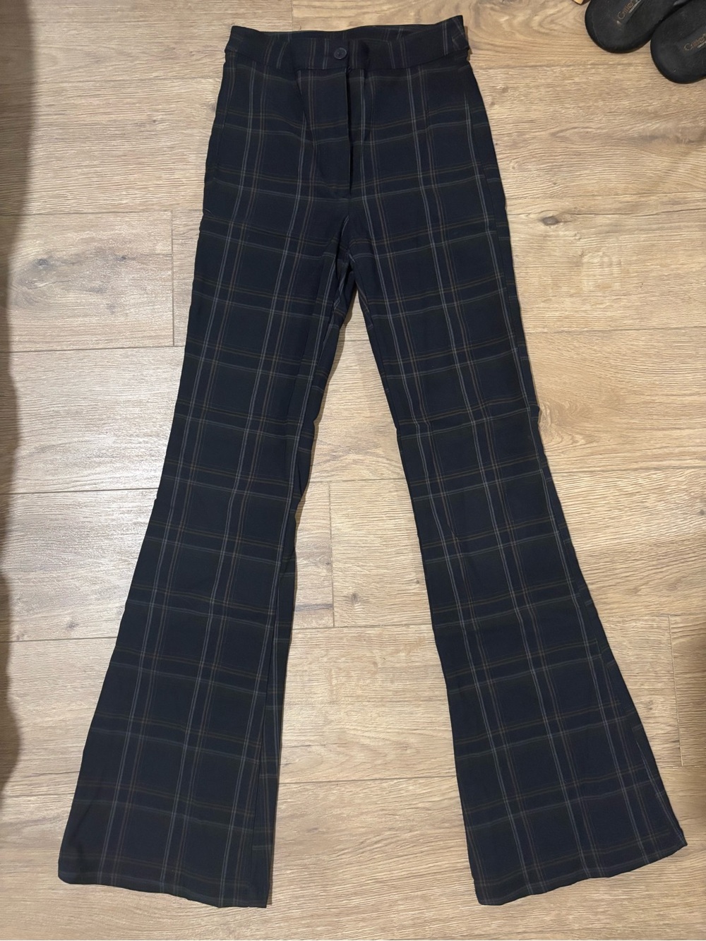 Garage Navy Plaid Flare Pants with Olive Windowpane